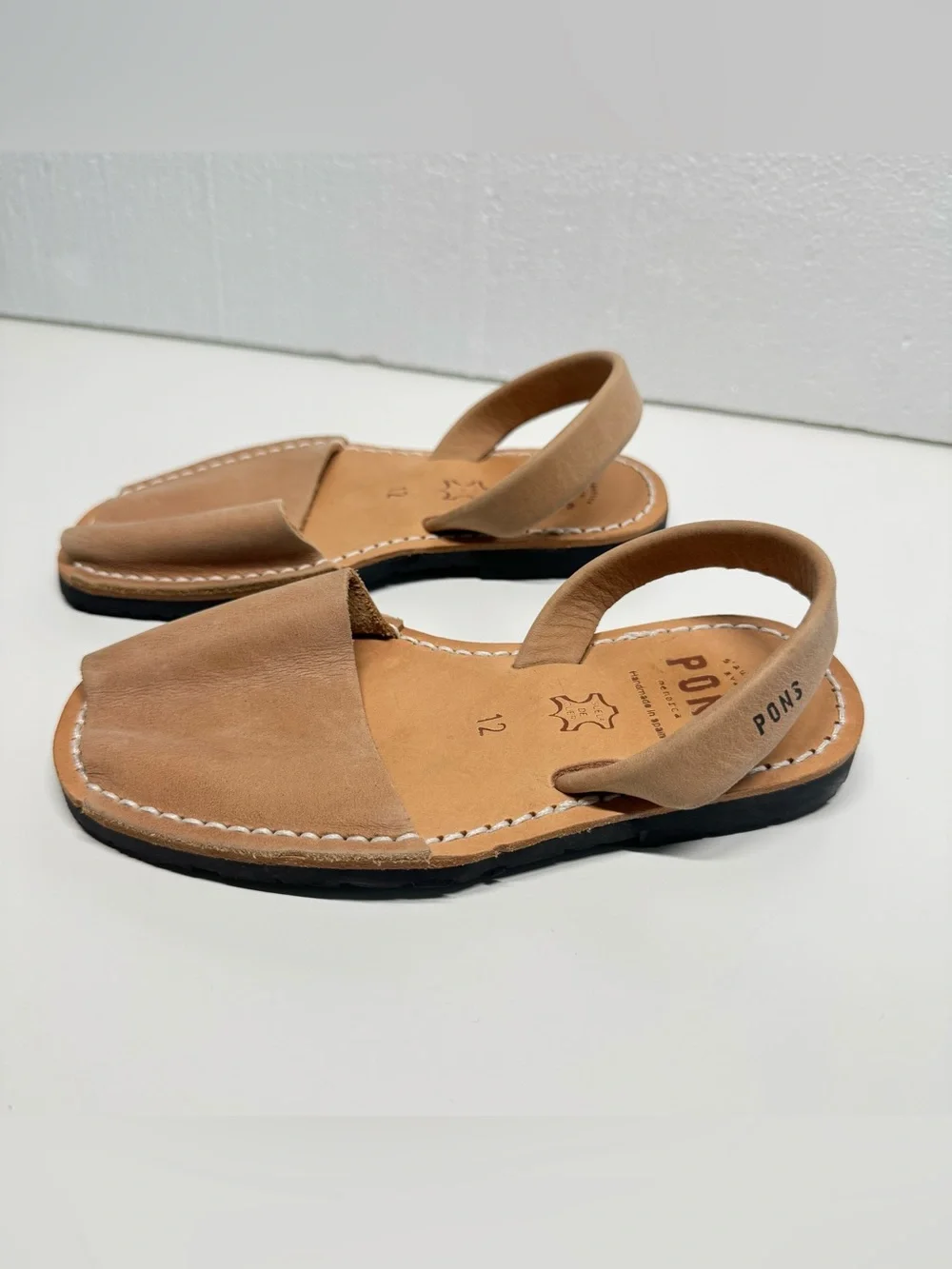 PONS Classic Style Kids Tan Leather Avarca Sandals Made In Spain Slingback Sz 12